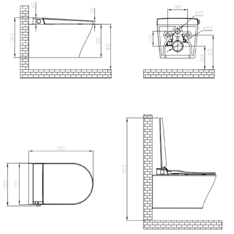 Wall Hung Smart Bidet Japanese Toilet with Heated Seat, Black Glass Cabinet, Frame, Cistern & Pneumatic Dual Flush Button - Purificare