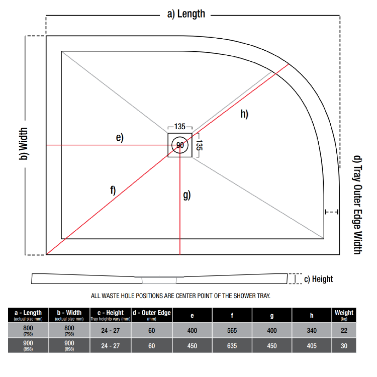 800mm Quadrant Ultra Low-Profile Profile Shower Tray 25mm with Waste - White Stone Resin - Harmony