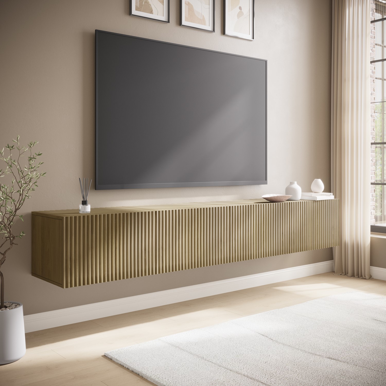 Multifunctional Large Oak Ribbed Freestanding TV Stand with Storage - TV's up to 85 - Hazel