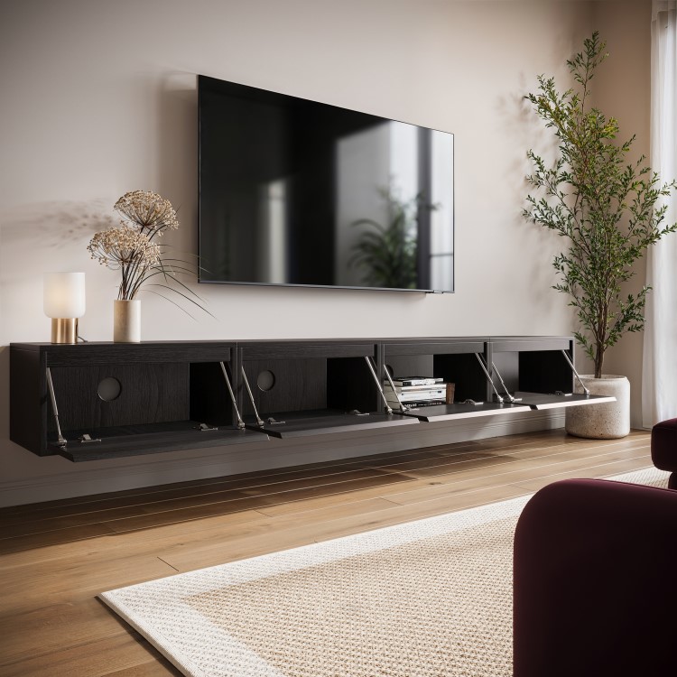 Large Black Floating Wall Mounted TV Stand - TV's up to 85" - Hiro