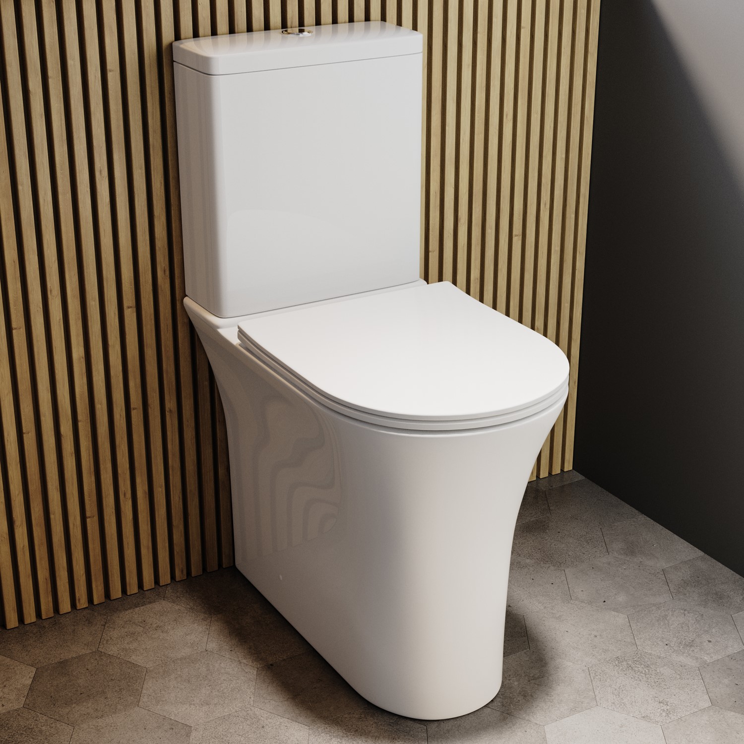 Close Coupled Closed Back Comfort Height Toilet Soft Close Seat Chrome Push Button