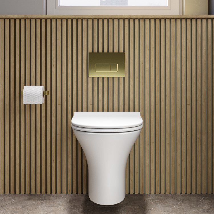 Wall Hung Rimless Toilet with Soft Close Seat, Brushed Brass Pneumatic Flush Plate, 820mm Frame & Cistern – Indiana