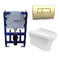 Indiana Wall Hung Toilet 820mm Pneumatic Frame & Cistern & Brushed Brass Flush Plate