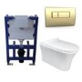 Wall Hung Rimless Toilet with Soft Close Seat, Brushed Brass Pneumatic Flush Plate, 820mm Frame & Cistern – Indiana