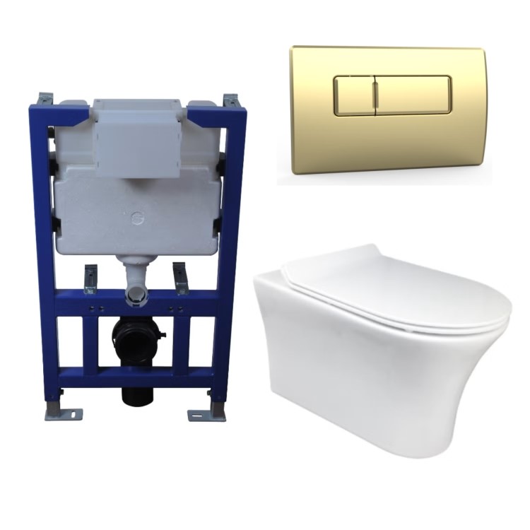 Wall Hung Rimless Toilet with Soft Close Seat, Brushed Brass Pneumatic Flush Plate, 820mm Frame & Cistern – Indiana