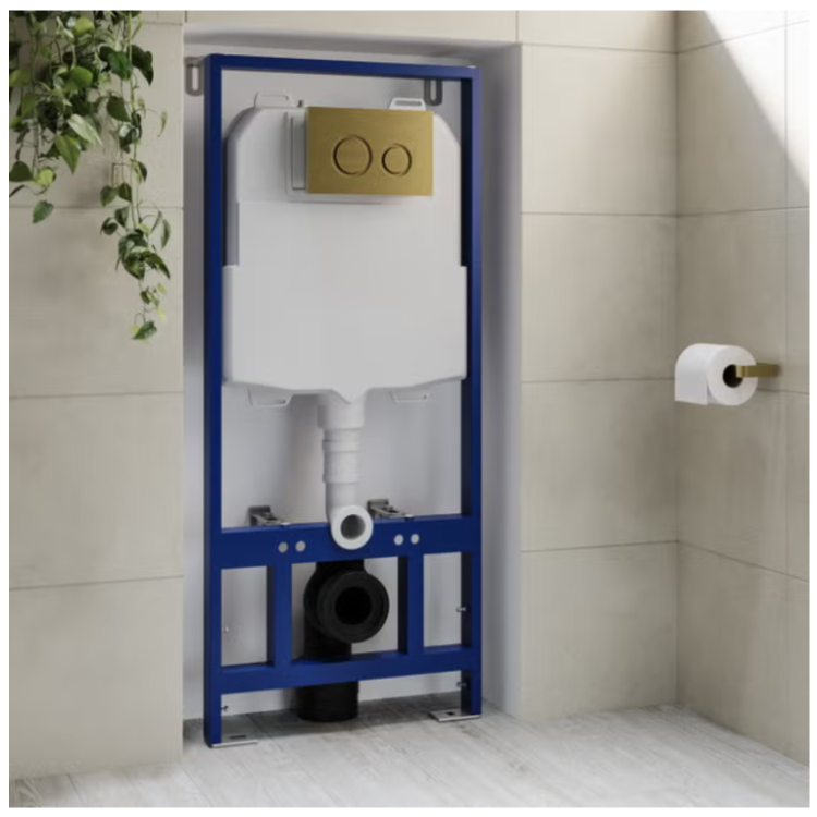 Wall Hung Rimless Toilet with Soft Close Seat, Brushed Brass Mechanical Flush Plate, 1168mm Frame & Cistern – Indiana