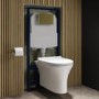 Wall Hung Rimless Toilet with Soft Close Seat, Brushed Brass Mechanical Flush Plate, 1168mm Frame & Cistern – Indiana