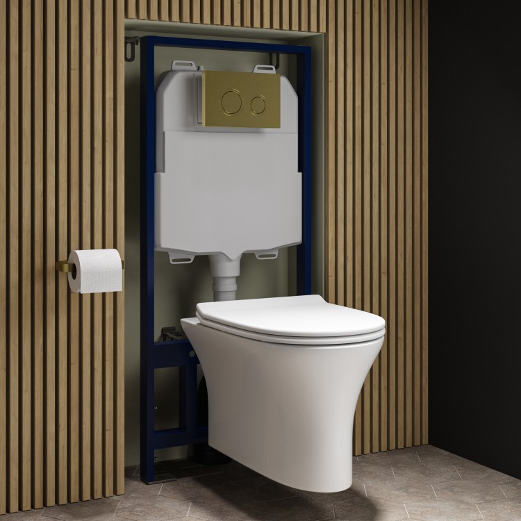 Wall Hung Rimless Toilet with Soft Close Seat, Brushed Brass Mechanical Flush Plate, 1168mm Frame & Cistern – Indiana