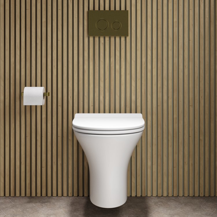 Wall Hung Rimless Toilet with Soft Close Seat, Brushed Brass Mechanical Flush Plate, 1168mm Frame & Cistern – Indiana