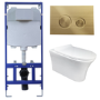 Wall Hung Rimless Toilet with Soft Close Seat, Brushed Brass Mechanical Flush Plate, 1168mm Frame & Cistern – Indiana