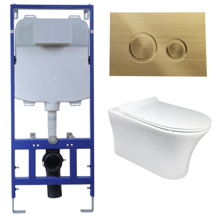 Wall Hung Rimless Toilet with Soft Close Seat, Brushed Brass Mechanical Flush Plate, 1168mm Frame & Cistern – Indiana