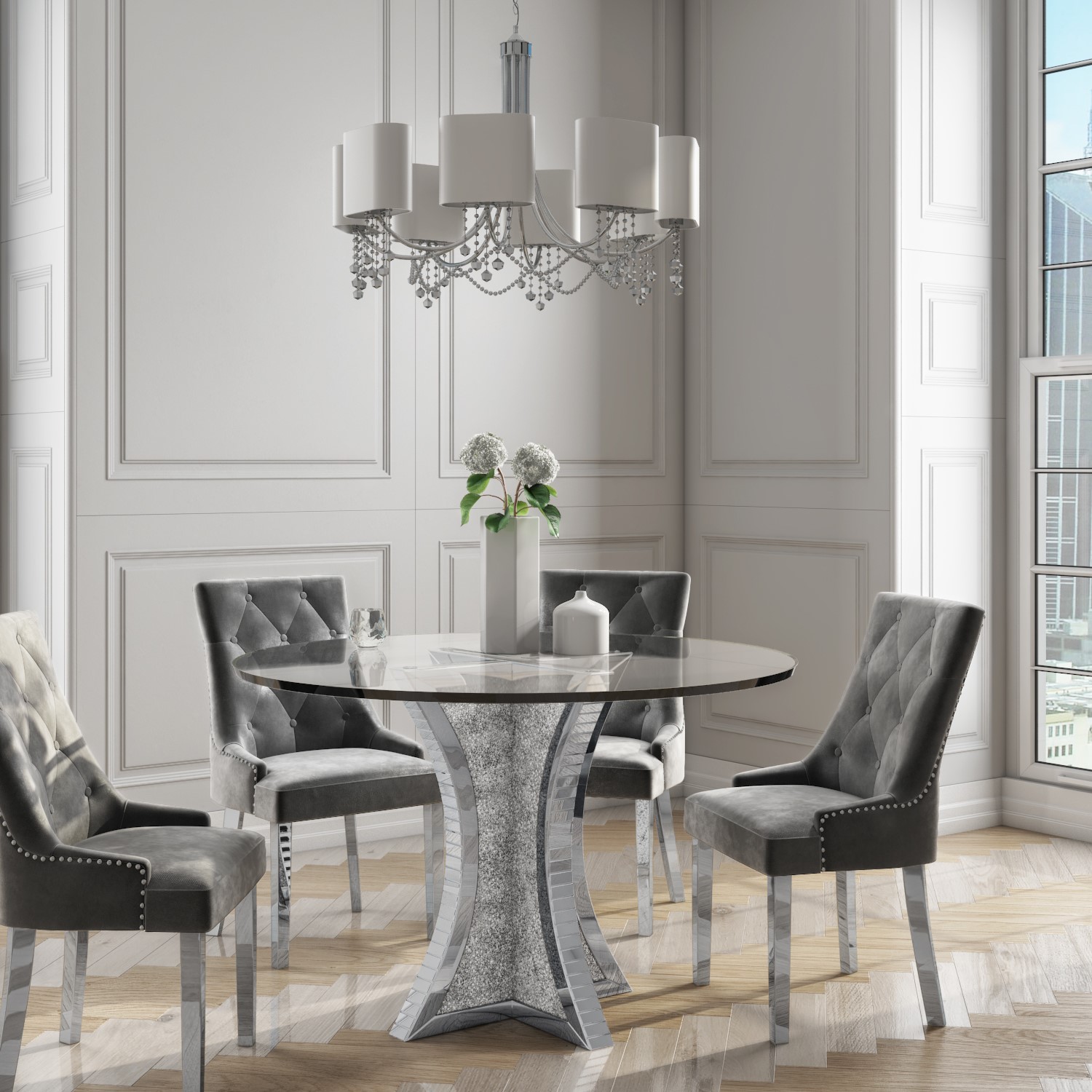 Jade Boutique Round Mirrored Dining Table with 4 Chairs in 