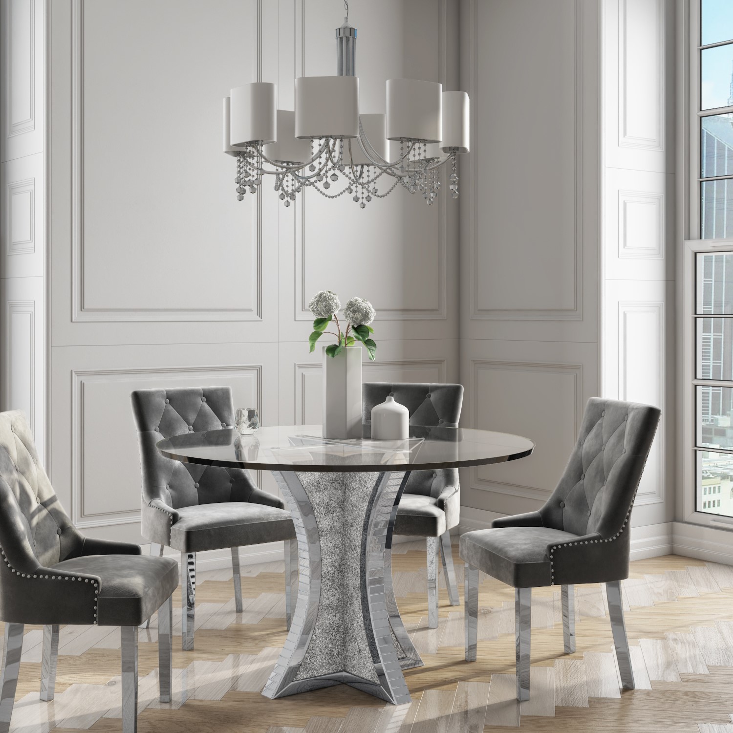 Jade Boutique Round Mirrored Dining Table with 4 Chairs in Jade Boutique Round Mirrored Dining Table with 4 Chairs in