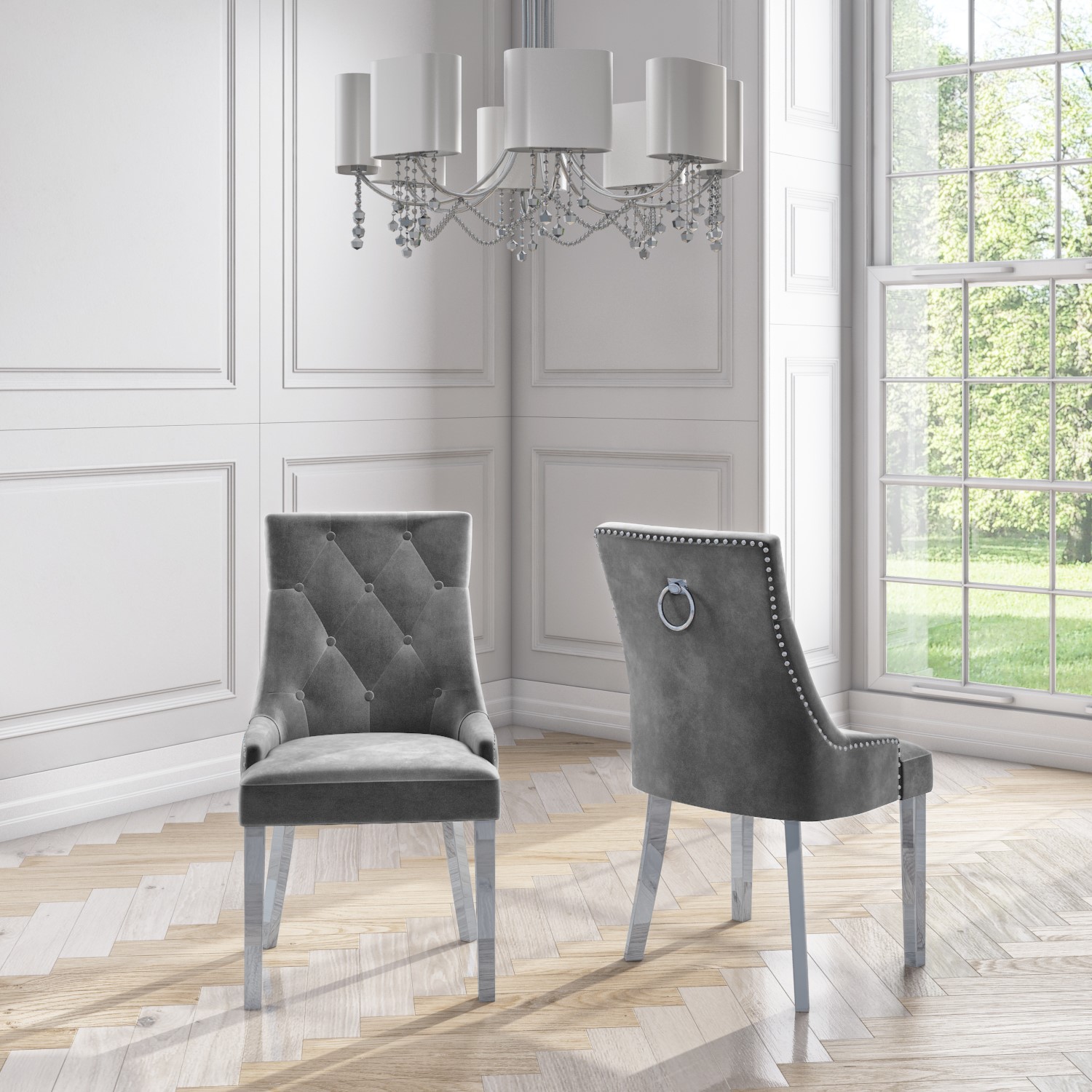 Jade Boutique Round Mirrored Dining Table with 4 Chairs in Grey BUN