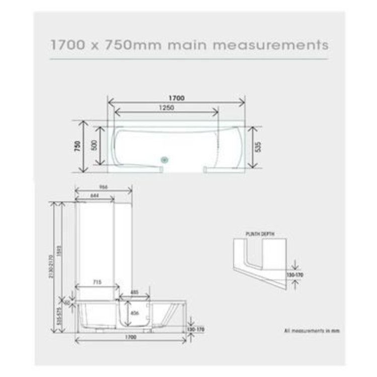 Kineduo Left Handed Walk-In Shower Bath with Screen and Black Panels 1700 x 750mm - Corner Installation