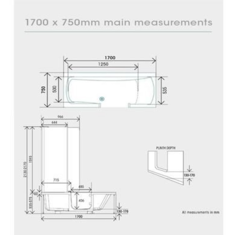 Walk In Shower Bath Right Hand with Bath Screen & Bath Seat 1700 x 750mm - Kineduo
