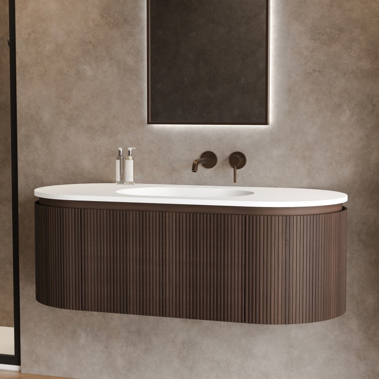 1200mm Walnut Wood Effect Fluted Wall Hung Vanity Unit with Solid Surface Basin - Kobe