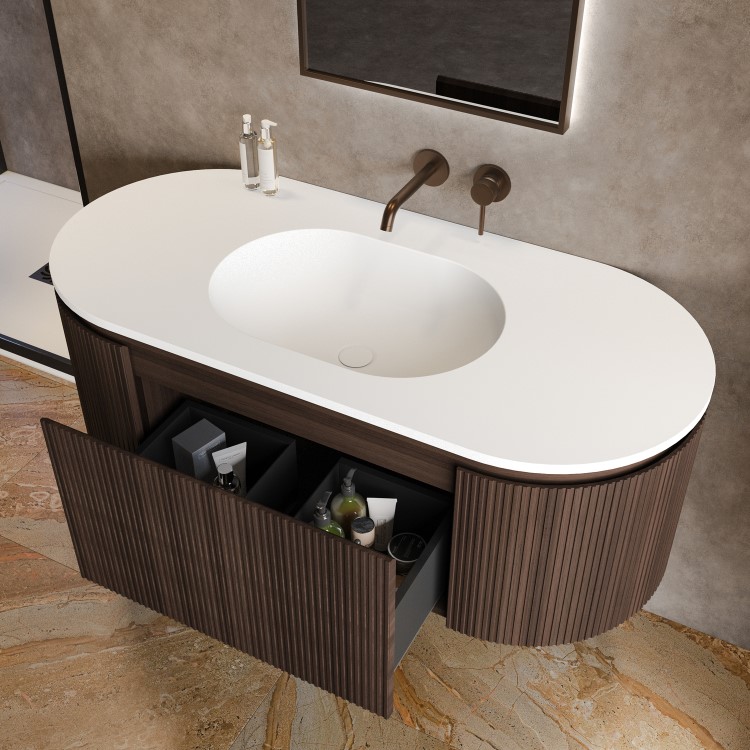1200mm Walnut Wood Effect Fluted Wall Hung Vanity Unit with Solid Surface Basin - Kobe