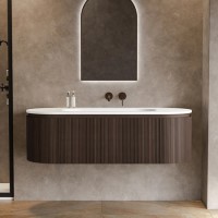 1400mm Walnut Wood Effect Fluted Wall Hung Vanity Unit with Solid Surface Basin - Kobe