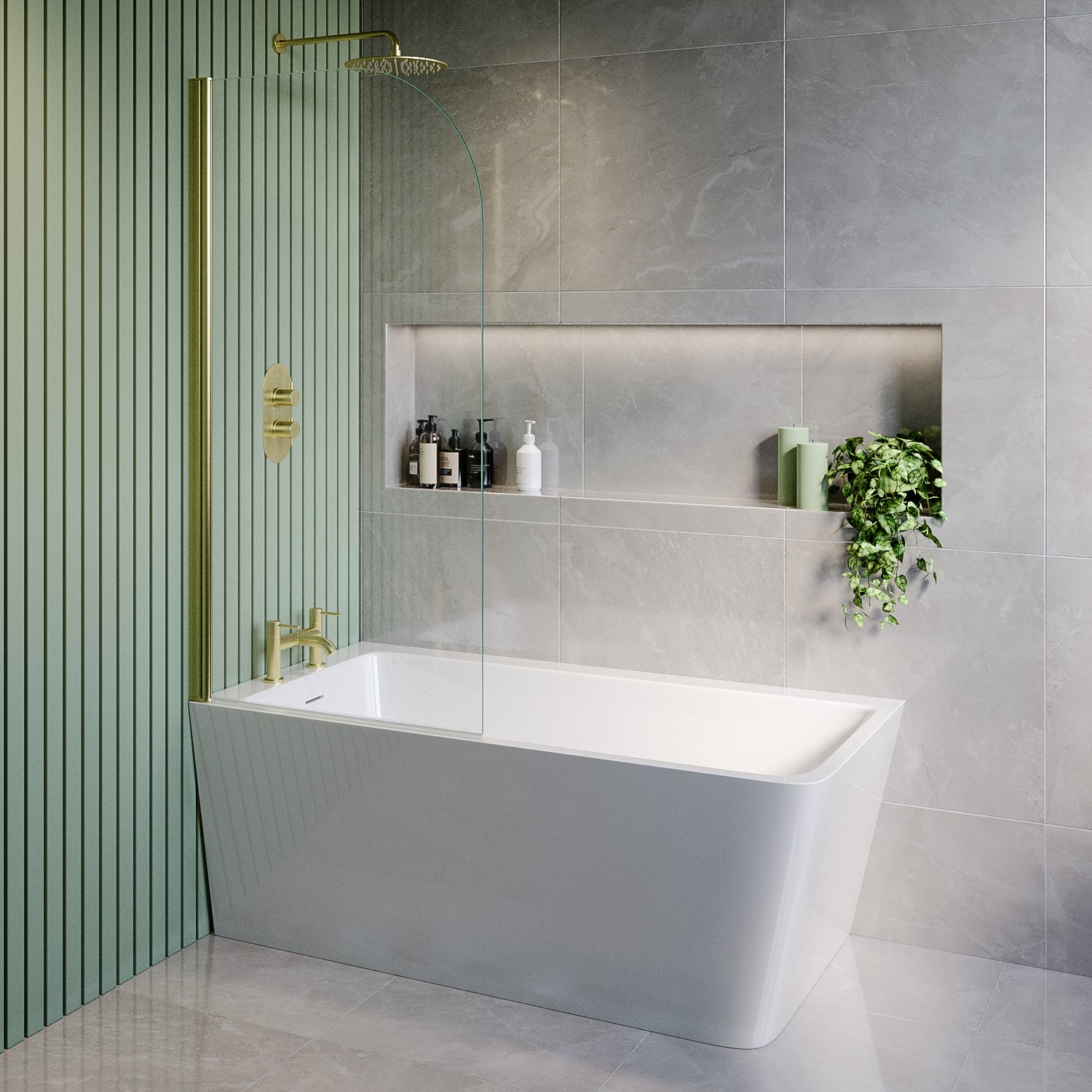 Kona Freestanding Shower Bath Single Ended Left Hand Corner With Brass Bath Screen 1500 X 740Mm BUN/KONALH1500/89253