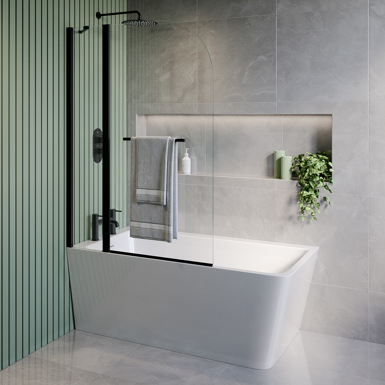 Freestanding Single Ended Left Hand Corner Shower Bath Bath Screen Fixed Panel & Towel Rail 1500 x 740m