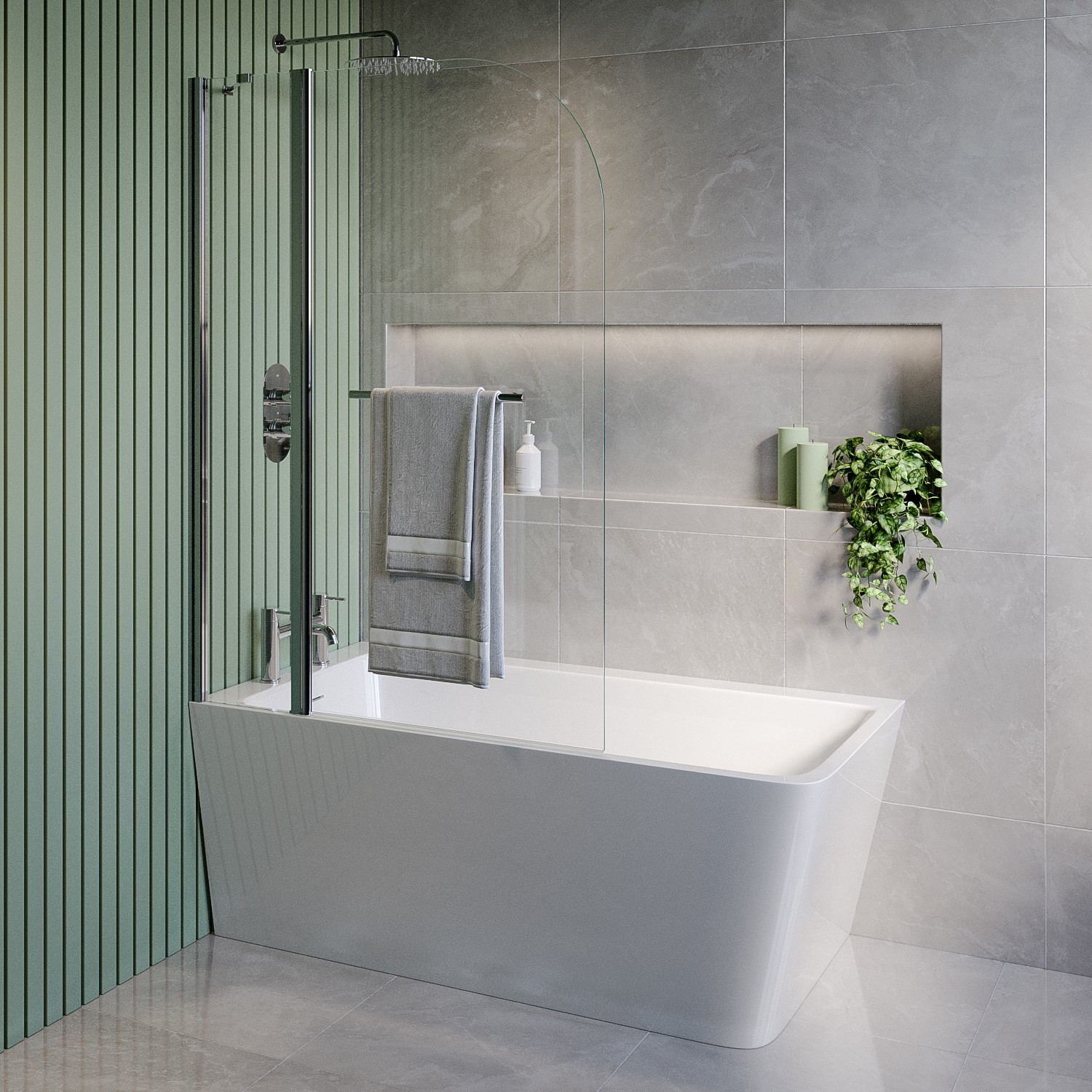 Freestanding Single Ended Left Hand Corner Shower Bath Chrome Bath Screen Fixed Panel & Towel Rail 1500 x 740