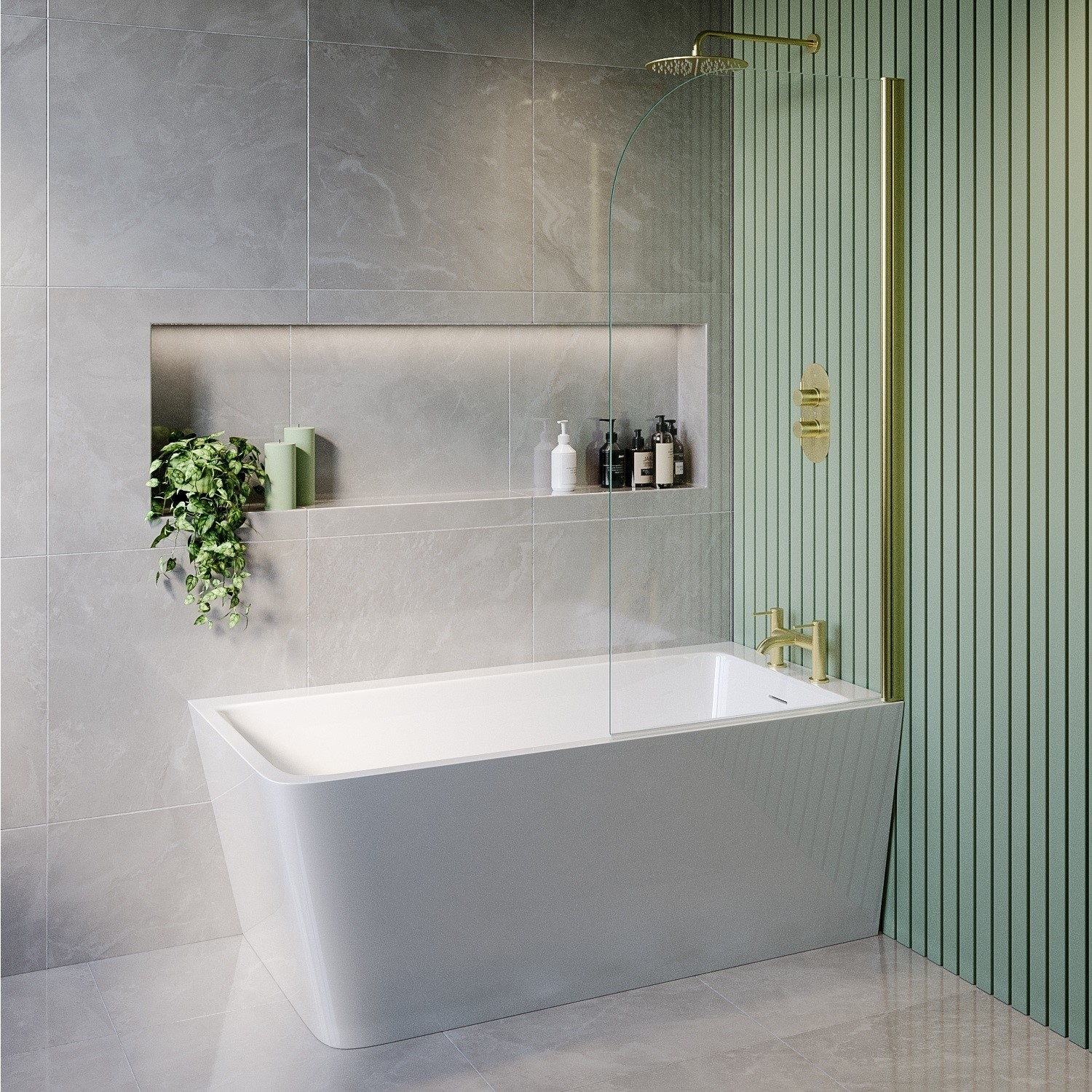 Kona Freestanding Shower Bath Single Ended Right Hand Corner With Brass Bath Screen 1500 X 740Mm BUN/KONARH1500/89256
