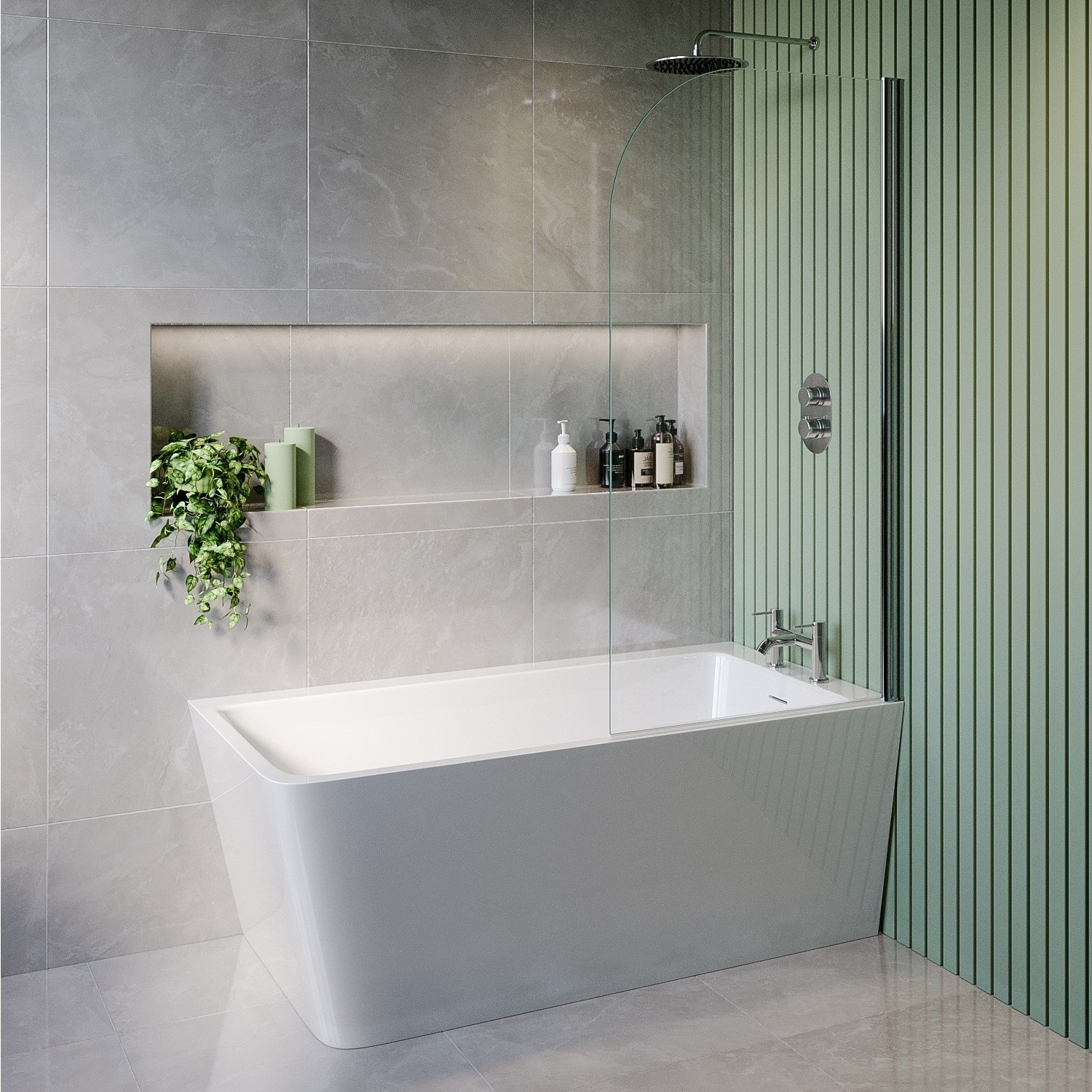 Kona Freestanding Shower Bath Single Ended Right Hand Corner With Chrome Bath Screen 1500 X 740Mm BUN/KONARH1500/89257