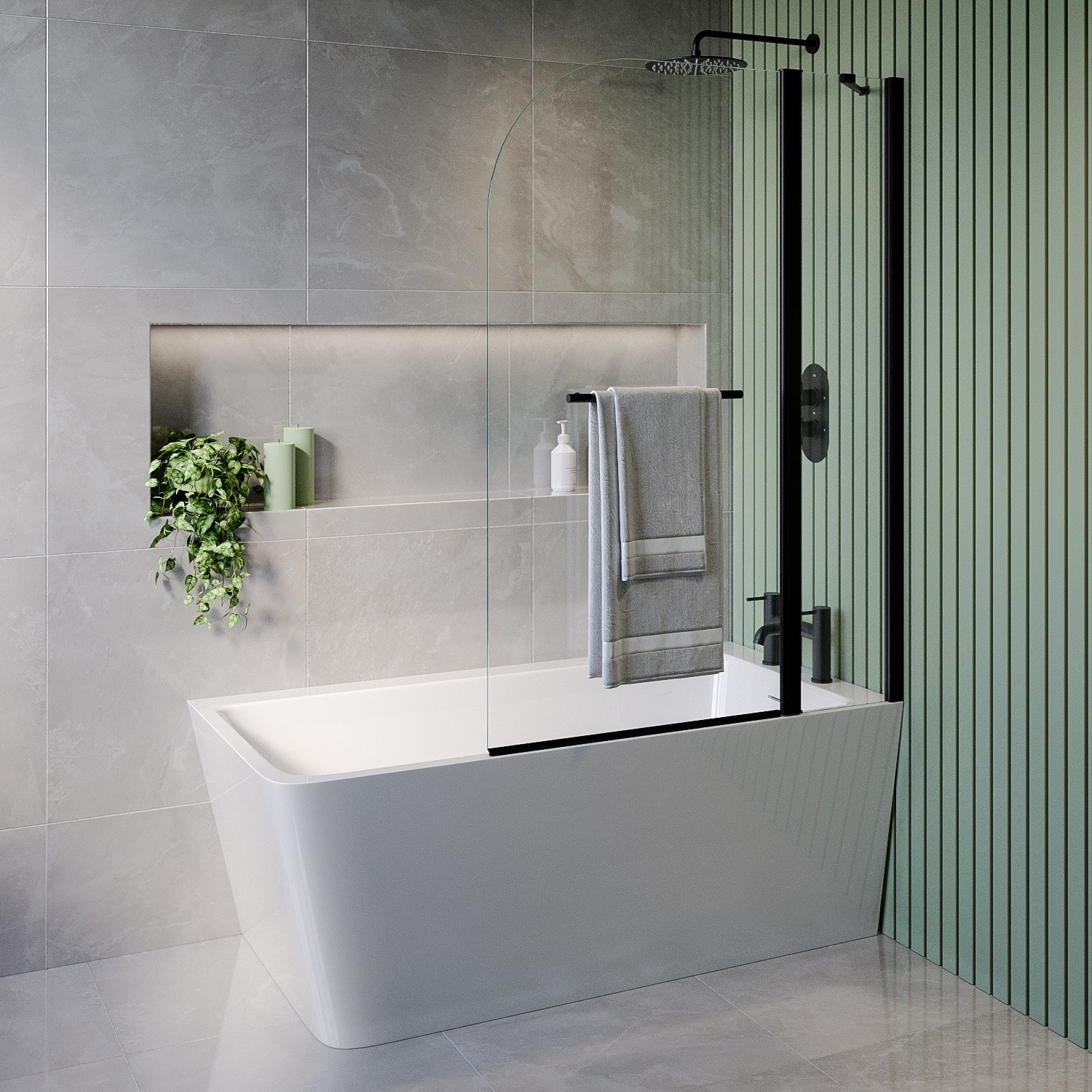 Freestanding Single Ended Right Hand Corner Shower Bath Bath Screen Fixed Panel & Towel Rail 1500 x 74