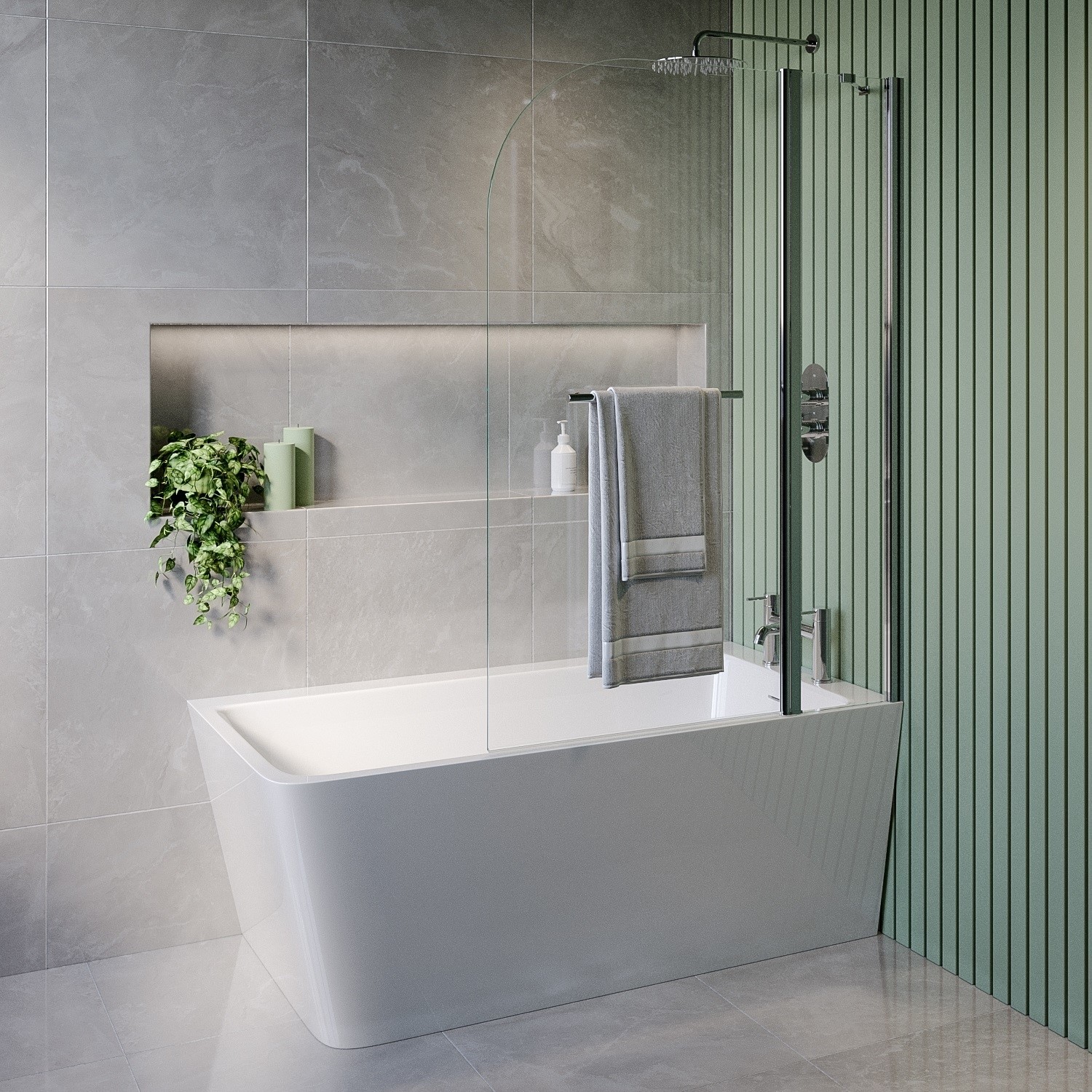 Freestanding Single Ended Right Hand Corner Shower Bath Chrome Bath Screen Fixed Panel & Towel Rail 1500 x 74