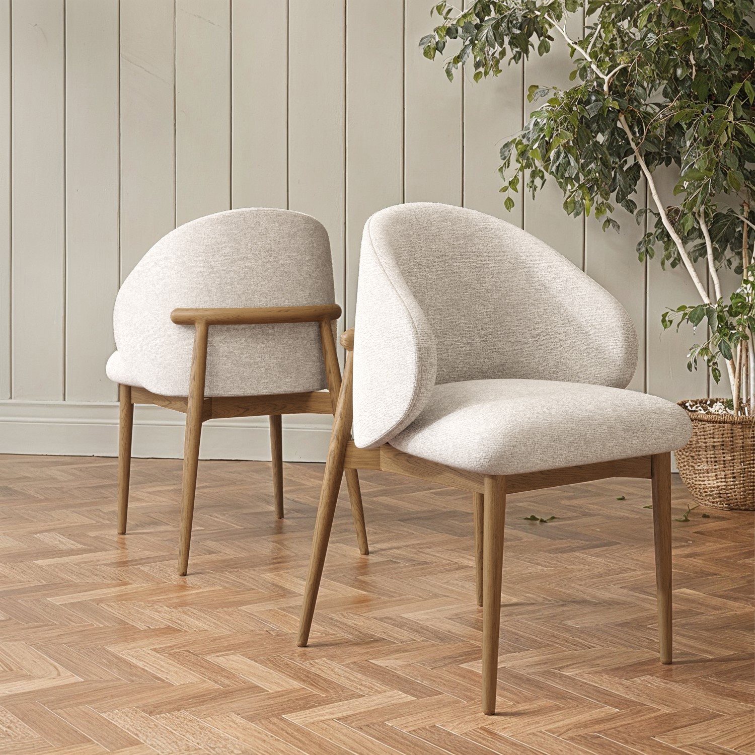 Beige Upholstered Curved Dining Chair Wi...