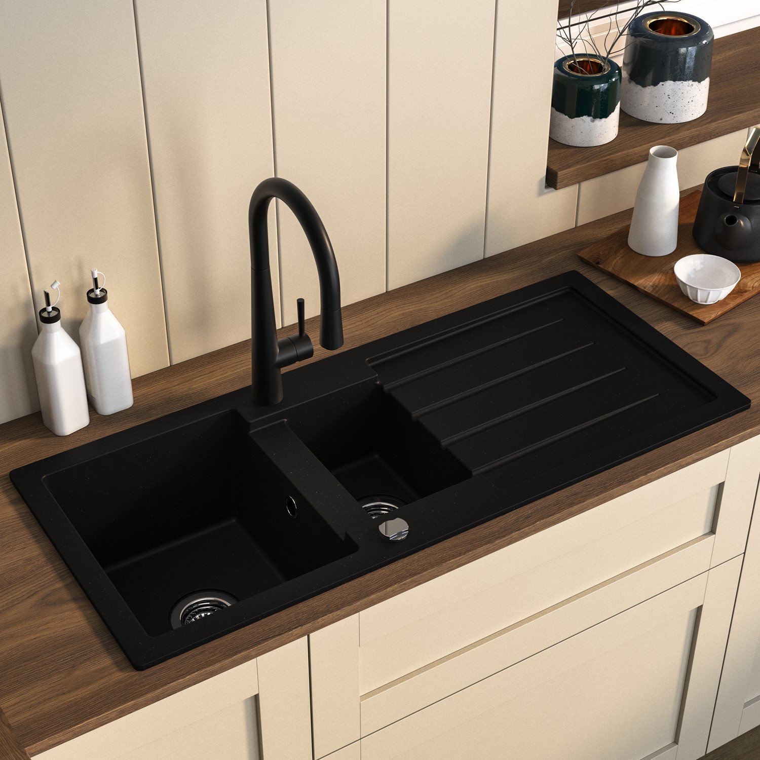 1.5 Bowl Inset Composite Kitchen Sink Reversible Drainer Pull Out Kitchen Tap Set