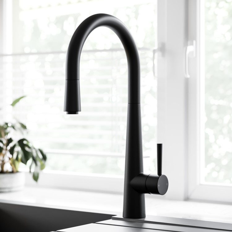Single Bowl Black Undermount Composite Kitchen Sink With Black Pull Out Kitchen Tap Set - Enza