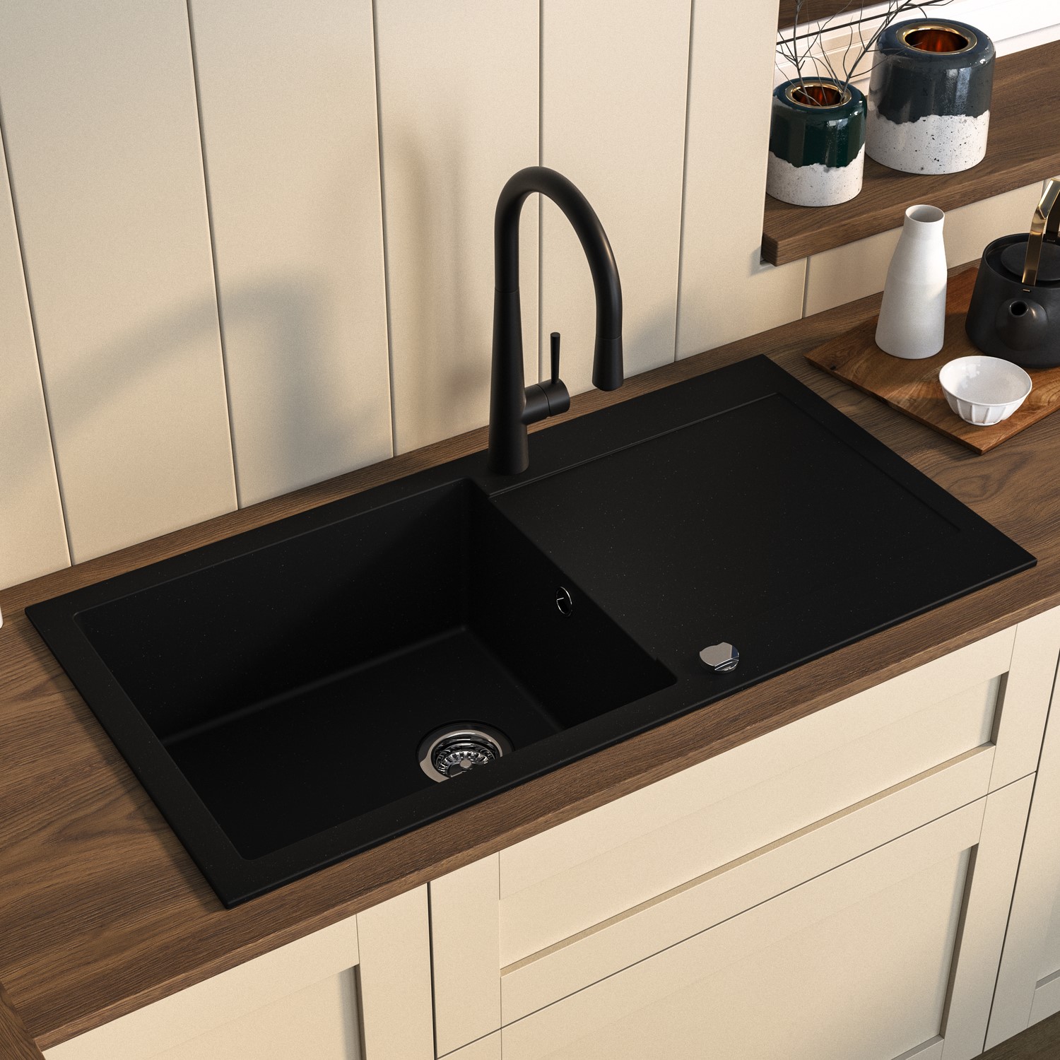 Single Bowl Inset Composite Kitchen Sink Reversible Drainer Pull Out Kitchen Tap Set