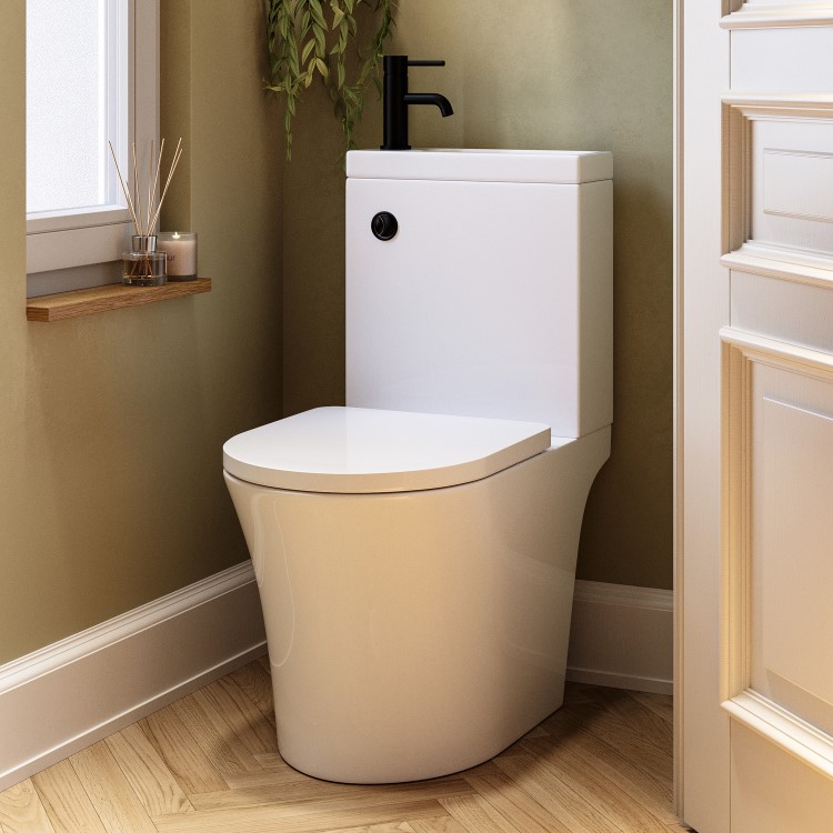 Close Coupled Open Back Toilet with Sink on Top & Black Fittings Cloakroom Suite - Legend