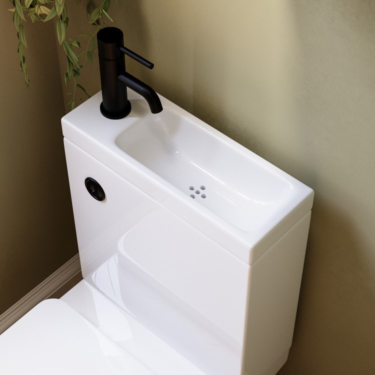 Close Coupled Open Back Toilet with Sink on Top & Black Fittings Cloakroom Suite - Legend