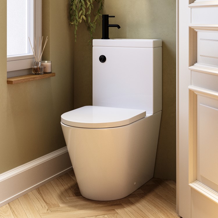 Close Coupled Closed Back Toilet with Sink on Top & Black Fittings - Legend