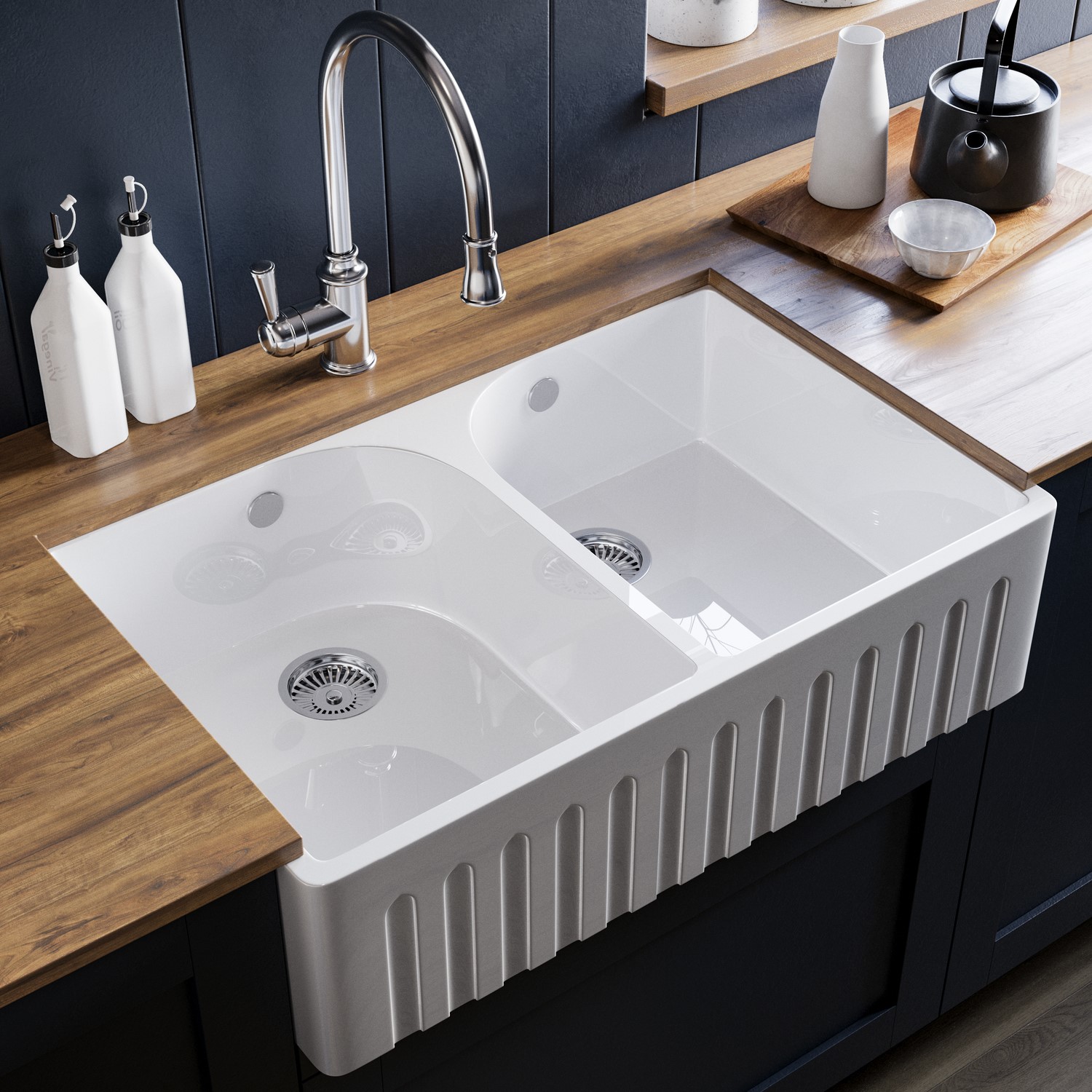 Double Bowl White Ceramic Fluted Belfast Kitchen Sink- Taylor & Moore Lillie
