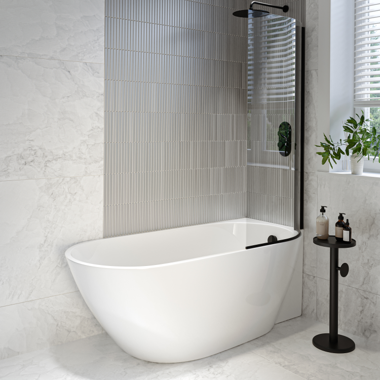 Freestanding Shower Bath Single Ended Right Hand Corner with Black Bath Screen 1650 x 740mm - Lisbon