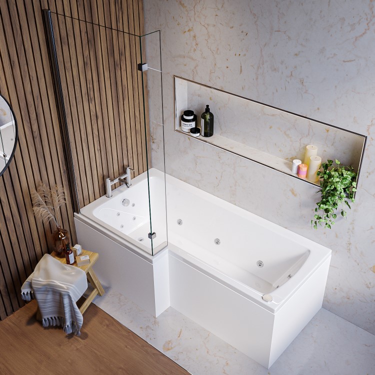 L Shaped Whirlpool Spa Shower Bath with 14 Whirlpool Jets, Front Panel & Chrome Bath Screen, Left Hand 1700 x 850mm - Lomax