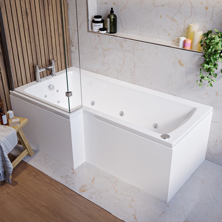 L Shaped Whirlpool Spa Shower Bath with 14 Whirlpool Jets, Front Panel & Chrome Bath Screen, Left Hand 1700 x 850mm - Lomax