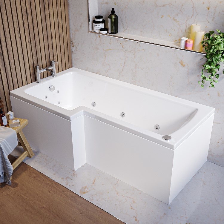 L Shaped Whirlpool Spa Shower Bath with 14 Whirlpool Jets, Front Panel & Chrome Bath Screen, Left Hand 1700 x 850mm - Lomax