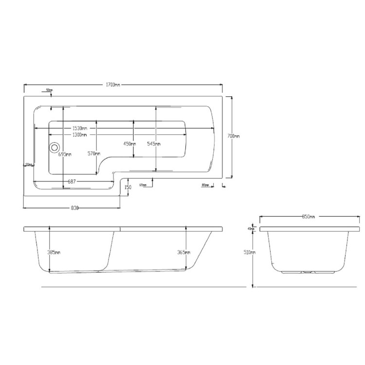 L Shaped Whirlpool Spa Shower Bath with 14 Whirlpool Jets, Front Panel & Chrome Bath Screen, Left Hand 1700 x 850mm - Lomax
