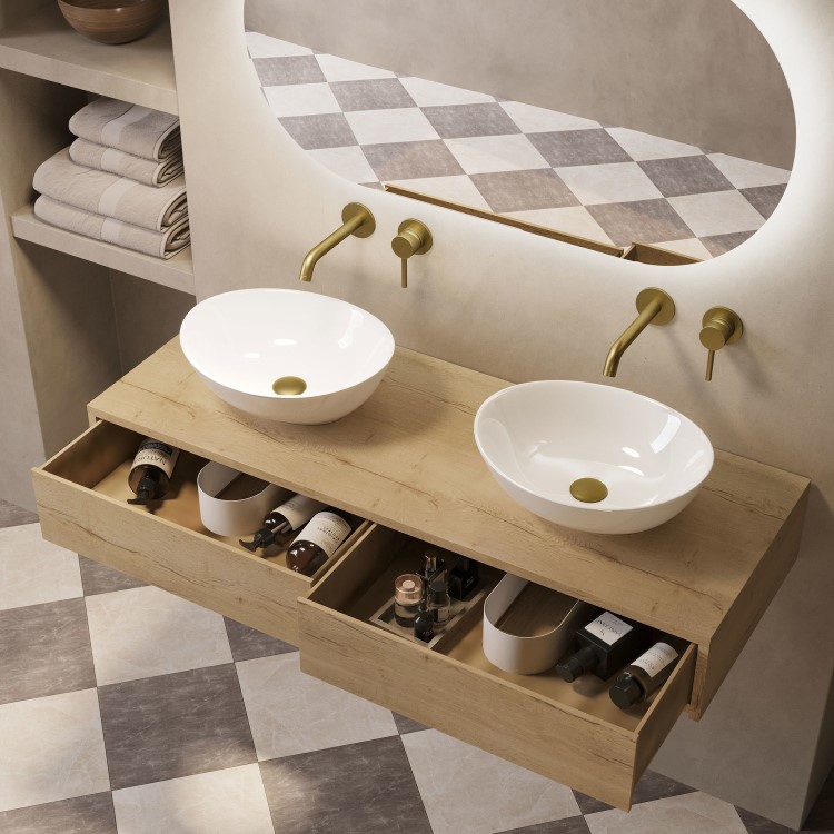 1200mm Oak Wood Effect Wall Hung Countertop Vanity Unit with Oval Basin - Lugo