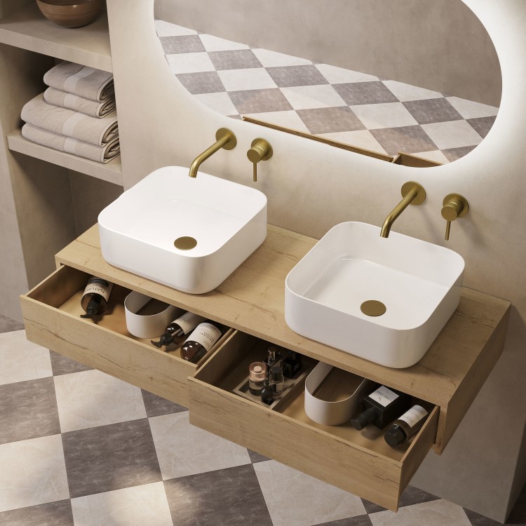 1200mm Oak Wood Effect Wall Hung Countertop Vanity Unit with Curved Square Basin - Lugo