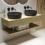 1200mm Oak Wall Hung Countertop Double Vanity Unit with Black Marble Effect Basin and Shelves - Lugo