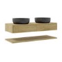 1200mm Oak Wall Hung Countertop Double Vanity Unit with Black Marble Effect Basin and Shelves - Lugo