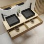 1200mm Oak Wall Hung Countertop Double Vanity Unit with Black Square Basin and Shelf - Lugo