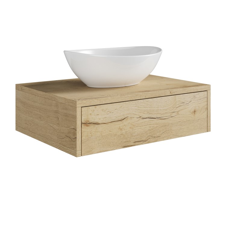 600mm Oak Wood Effect Wall Hung Countertop Vanity Unit with Oval Basin - Lugo