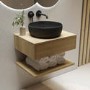 600mm Oak Wall Hung Countertop Vanity Unit with Black Marble Effect Basin and Shelves - Lugo